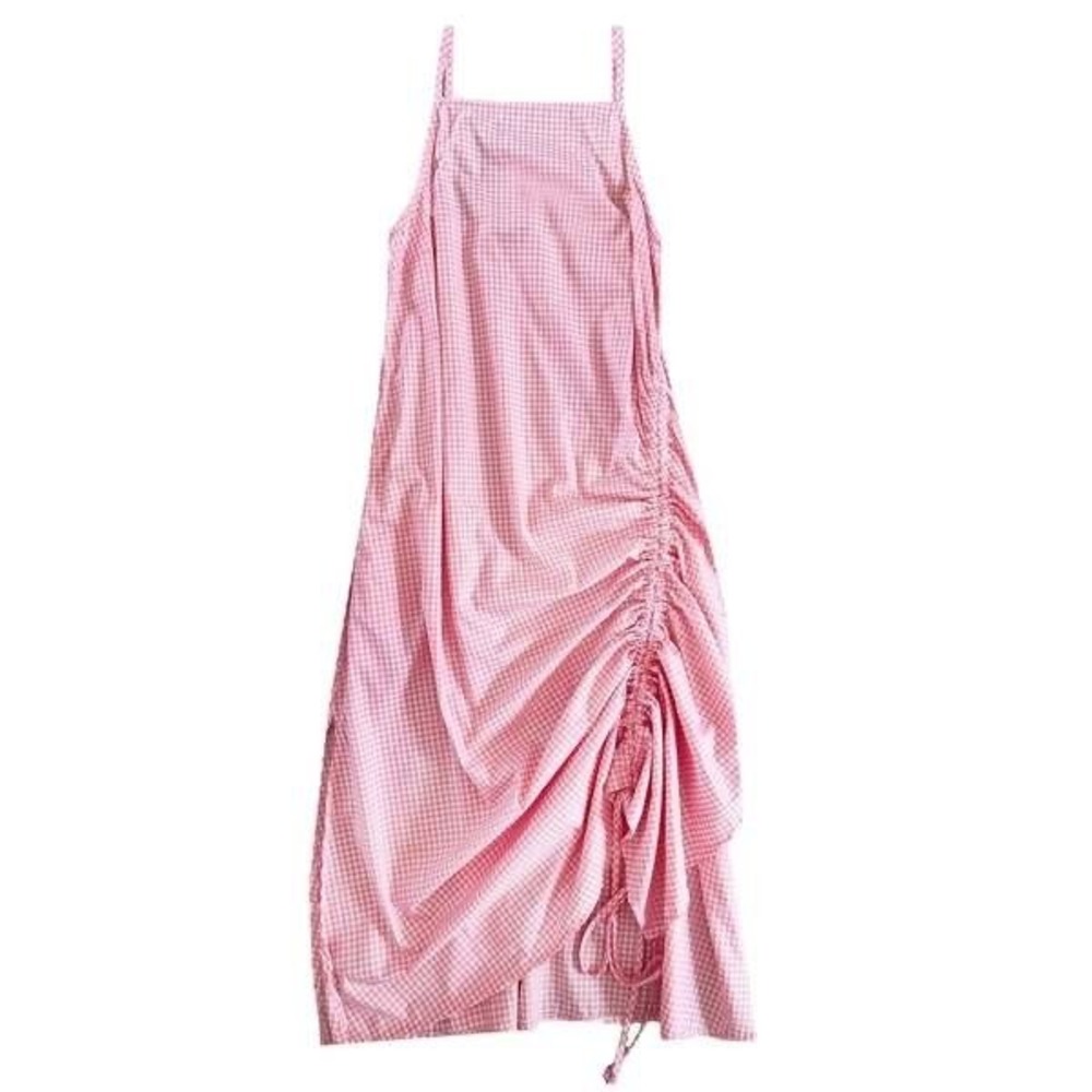 Et Tigre Matilda Dress XS/S Pink Gingham Ruched Midi Cotton Sculptural Check